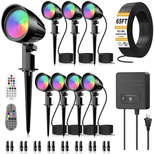 Main image of SOROP RGBW Low Voltage Landscape Lighting Kit, Outdoor Spotlight 8Pack | Landscape Lights Kit with Transformer, 65FT UL-listed Wire, Remote Control, IP66 Waterproof, Ideal for Outdoor, Garden, Yard
