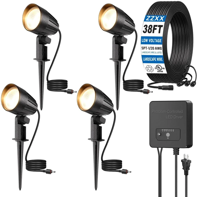 Main image of ZZXX Low Voltage Landscape Lighting Kit, Plug & Play 12W Spotlight 4Pack | 2700K Landscape Lights with 144W Transformer, DC Connectors, 38FT UL-Listed Wires, IP66 Waterproof Outdoor Yard Lights 12-24V