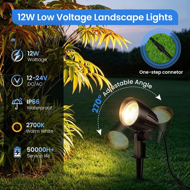 Alt view image 2 of 7 - ZZXX Low Voltage Landscape Lighting Kit, Plug & Play 12W Spotlight 4Pack | 2700K Landscape Lights with 144W Transformer, DC Connectors, 38FT UL-Listed Wires, IP66 Waterproof Outdoor Yard Lights 12-24V