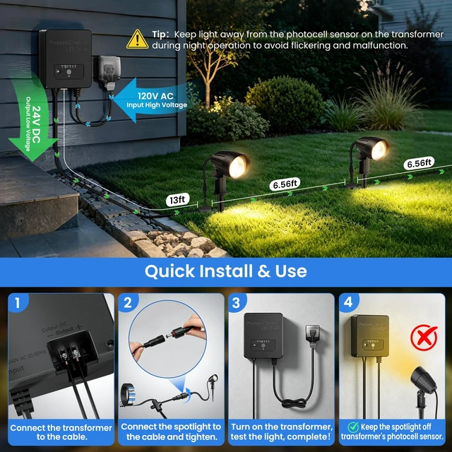 Alt view image 5 of 7 - ZZXX Low Voltage Landscape Lighting Kit, Plug & Play 12W Spotlight 4Pack | 2700K Landscape Lights with 144W Transformer, DC Connectors, 38FT UL-Listed Wires, IP66 Waterproof Outdoor Yard Lights 12-24V