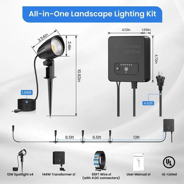 Alt view image 7 of 7 - ZZXX Low Voltage Landscape Lighting Kit, Plug & Play 12W Spotlight 4Pack | 2700K Landscape Lights with 144W Transformer, DC Connectors, 38FT UL-Listed Wires, IP66 Waterproof Outdoor Yard Lights 12-24V