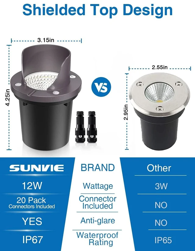 Alt view image 2 of 7 - SUNVIE 12-Pack 12W 3000K LED Low Voltage Landscape Well Lights, Shield Top | 12-24V AC/DC, Waterproof, Anti-Glare, Die-Cast Aluminum In-Ground Lights for Pathway Garden Yard, Connectors Included