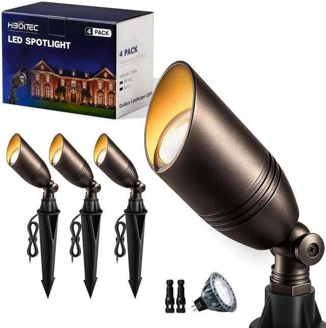 Main image of Outdoor Landscape Lighting with Replaceable MR16 Bulbs, Oil Rubbed Bronze | 5W 2700K 12-24V Low Voltage Waterproof Spot Lights, Aluminum Wired 36° Beam Uplights with Connector for Yard Garden Tree, 4P
