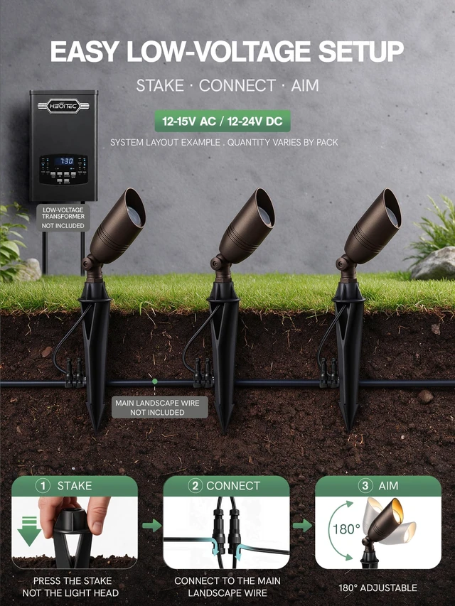 Alt view image 5 of 7 - Outdoor Landscape Lighting with Replaceable MR16 Bulbs, Oil Rubbed Bronze | 5W 2700K 12-24V Low Voltage Waterproof Spot Lights, Aluminum Wired 36° Beam Uplights with Connector for Yard Garden Tree, 4P