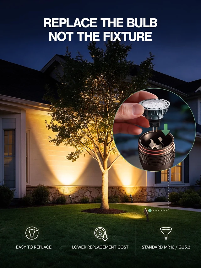 Alt view image 3 of 7 - Outdoor Landscape Lighting with Replaceable MR16 Bulbs, Oil Rubbed Bronze | 5W 2700K 12-24V Low Voltage Waterproof Spot Lights, Aluminum Wired 36° Beam Uplights with Connector for Yard Garden Tree, 4P