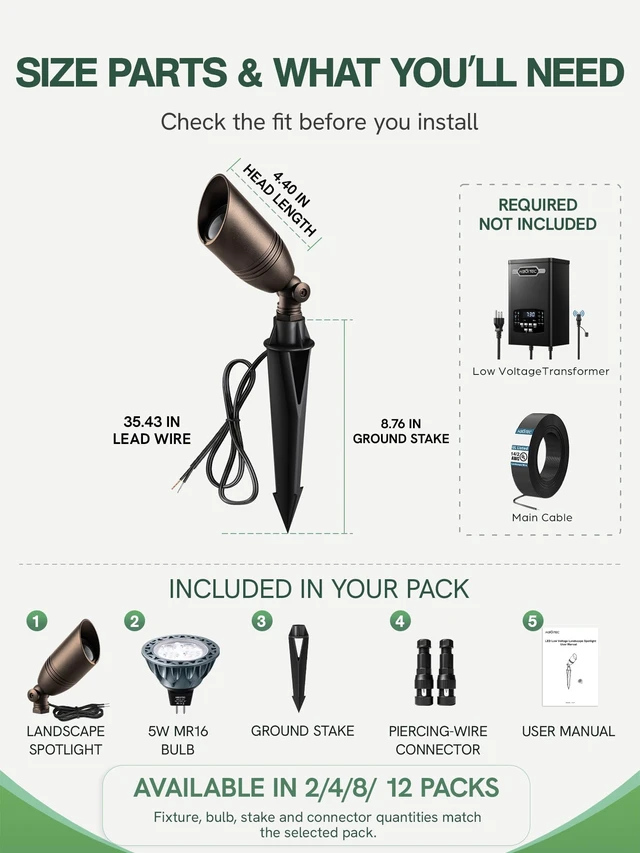 Alt view image 7 of 7 - Outdoor Landscape Lighting with Replaceable MR16 Bulbs, Oil Rubbed Bronze | 5W 2700K 12-24V Low Voltage Waterproof Spot Lights, Aluminum Wired 36° Beam Uplights with Connector for Yard Garden Tree, 4P