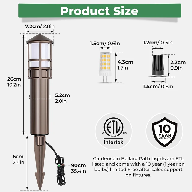 Alt view image 5 of 7 - Gardencoin Low Voltage Landscape Pathway Lights, Replaceable G4 Bulb 12V 4W 2700K Outdoor LED Landscape Lighting, Aluminum Waterproof Walkway Lighting, Bollard Path Lights Wired, Bronze 6 Pack
