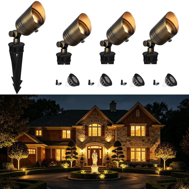 Main image of COLOER 5W 12V Brass Outdoor Landscape Spot Light with Bulb(4Pack) | Solid Brass Construction,12V Low Voltage,5W 2700K Warm White,IP65 waterproof,Replaceable MR16 Bulb,Small Size,Adjustable head