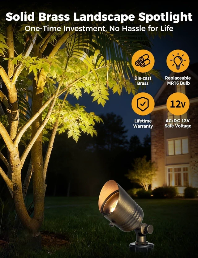 Alt view image 2 of 5 - COLOER 5W 12V Brass Outdoor Landscape Spot Light with Bulb(4Pack) | Solid Brass Construction,12V Low Voltage,5W 2700K Warm White,IP65 waterproof,Replaceable MR16 Bulb,Small Size,Adjustable head