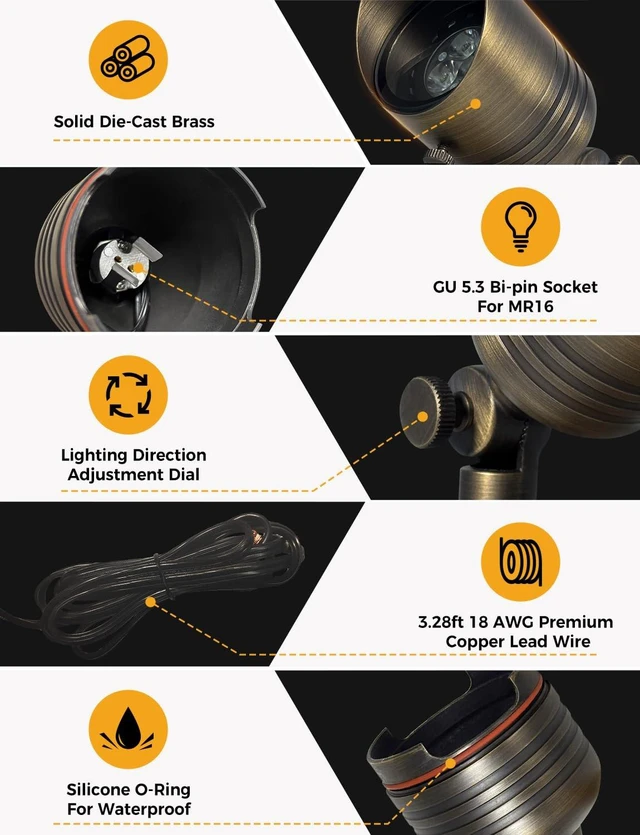 Alt view image 4 of 5 - COLOER 5W 12V Brass Outdoor Landscape Spot Light with Bulb(4Pack) | Solid Brass Construction,12V Low Voltage,5W 2700K Warm White,IP65 waterproof,Replaceable MR16 Bulb,Small Size,Adjustable head