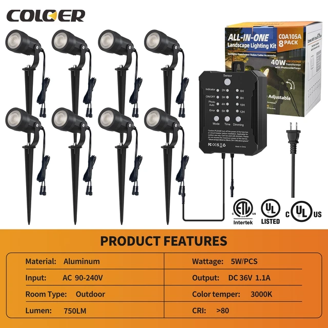 Alt view image 4 of 7 - COLOER 8Pack 5W Landscape Lighting Kit with Transformer | Complete 8-Light Kit,Aluminum Housing,Auto Dusk-to-Dawn,Independent Connection, 750 Lumens,IP65 Waterproof, 3000K Warm White