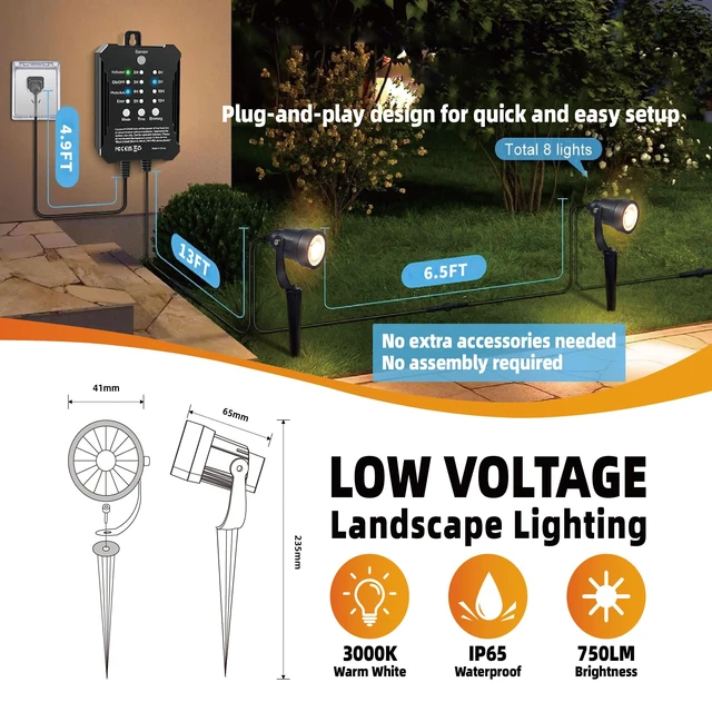 Alt view image 2 of 7 - COLOER 8Pack 5W Landscape Lighting Kit with Transformer | Complete 8-Light Kit,Aluminum Housing,Auto Dusk-to-Dawn,Independent Connection, 750 Lumens,IP65 Waterproof, 3000K Warm White