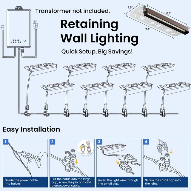 Alt view image 6 of 7 - Retaining Wall Lights, Low Voltage Landscape Outdoor Step Lighting 12 Pack | 7 Inch LED Hardscape Lighting Waterproof, 12V Low Voltage Landscape Outdoor Lights for Patio Stairs Deck 2700K, 270° Rotate