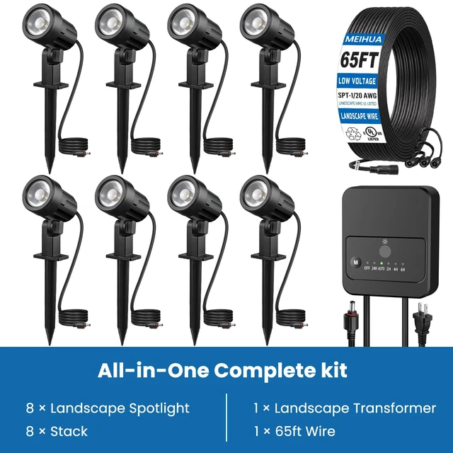 Alt view image 3 of 7 - All-in-One Low Voltage Landscape Lighting Kit, Dusk to Dawn, 8-Pack | Quick 2-Min Setup, Plug & Play Landscape Lights with Transformer 65FT Wire, Waterproof Spot Lights for Garden Yard House Tree