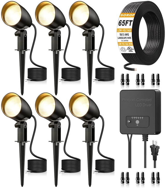 Main image of SOROP
20W
Low
Voltage
Landscape
Lighting
Kit,
2700K
Outdoor
Spotlight
6Pack | All-in-One Landscape Lights with 144W Transformer Dusk to Dawn, 65FT UL Listed Wire, IP66 Waterproof Outdoor Light