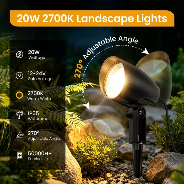 Alt view image 2 of 7 - SOROP
20W
Low
Voltage
Landscape
Lighting
Kit,
2700K
Outdoor
Spotlight
6Pack | All-in-One Landscape Lights with 144W Transformer Dusk to Dawn, 65FT UL Listed Wire, IP66 Waterproof Outdoor Light