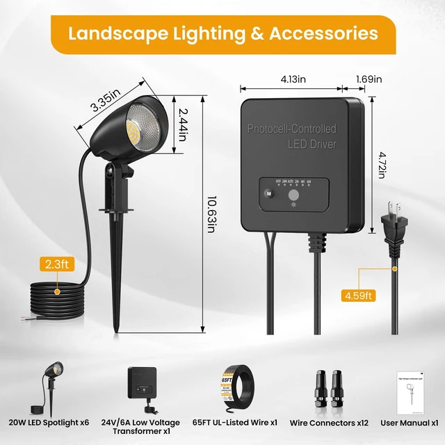 Alt view image 7 of 7 - SOROP
20W
Low
Voltage
Landscape
Lighting
Kit,
2700K
Outdoor
Spotlight
6Pack | All-in-One Landscape Lights with 144W Transformer Dusk to Dawn, 65FT UL Listed Wire, IP66 Waterproof Outdoor Light