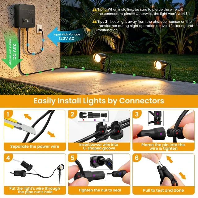 Alt view image 6 of 7 - SOROP
20W
Low
Voltage
Landscape
Lighting
Kit,
2700K
Outdoor
Spotlight
6Pack | All-in-One Landscape Lights with 144W Transformer Dusk to Dawn, 65FT UL Listed Wire, IP66 Waterproof Outdoor Light