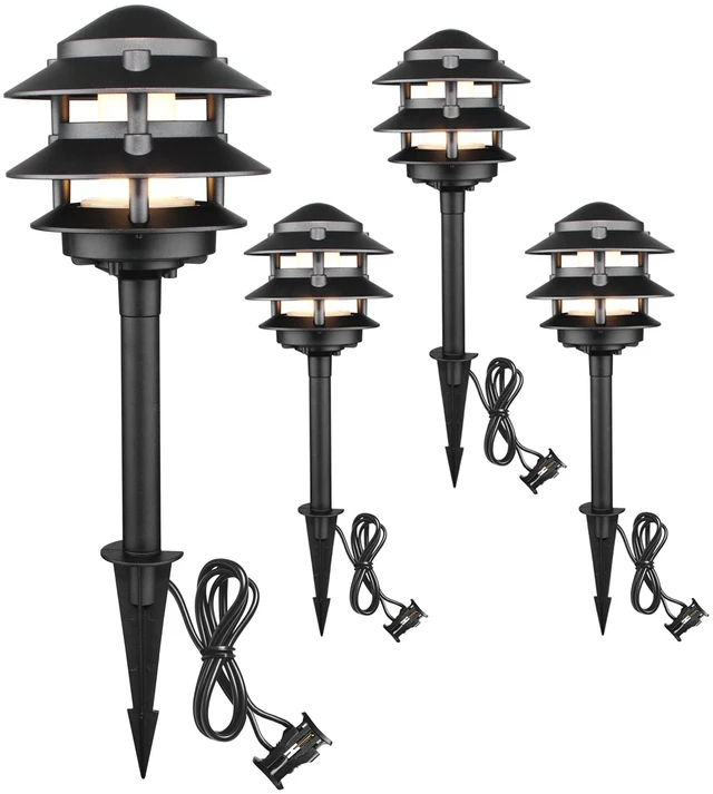Main image of 4Pack Low Voltage Pagoda Landscape Lighting, 12V Pathway Light Wired | 3W 3000K Outdoor Garden Lights with Connectors, Aluminum, Waterproof 50000H LED Walkway Light, Electric Accent Light for Yard