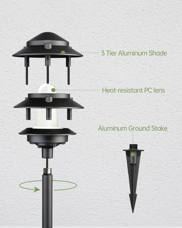 Alt view image 7 of 7 - 4Pack Low Voltage Pagoda Landscape Lighting, 12V Pathway Light Wired | 3W 3000K Outdoor Garden Lights with Connectors, Aluminum, Waterproof 50000H LED Walkway Light, Electric Accent Light for Yard
