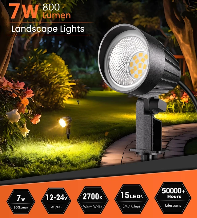 Alt view image 2 of 7 - MEIKEE 7W Low Voltage Landscape Lighting 800LM 2700K LED Landscape Lights | DC/AC 12-24V Warm White Outdoor Spotlights IP66 Waterproof Garden Pathway Lights with Connectors (4 Pack)