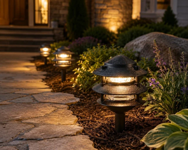 Alt view image 3 of 4 - Generation Lighting Hardwired 120V Outdoor Pagoda Path Light, Black | Wet-Rated Aluminum Fixture with Clear Glass, Landscape Path Lights, Garden Lights, or Outdoor Lighting for Driveway Decor