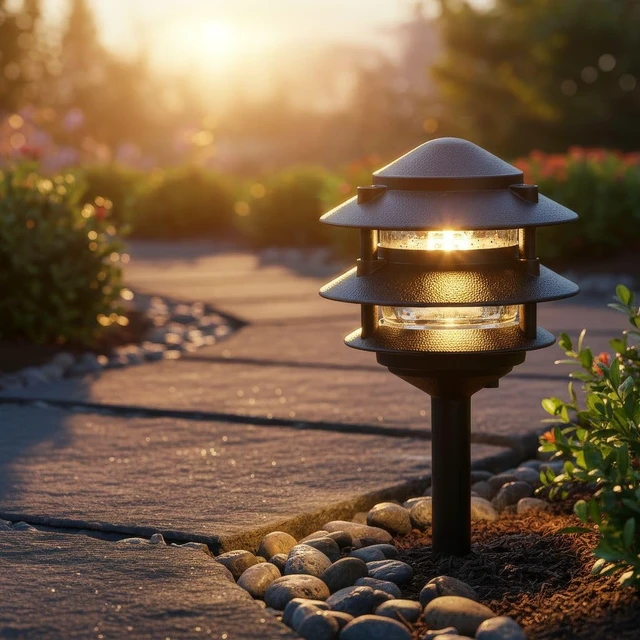 Alt view image 4 of 4 - Generation Lighting Hardwired 120V Outdoor Pagoda Path Light, Black | Wet-Rated Aluminum Fixture with Clear Glass, Landscape Path Lights, Garden Lights, or Outdoor Lighting for Driveway Decor