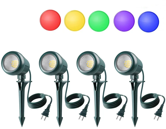Main image of Gmalos Halloween Spotlights Outdoor, 120V Plug-in Christmas Spot Light, 5000K LED Landscape Lighting with 5 Color Lenses (Red Green Blue Purple Yellow), IP67 Waterproof, 4 Pack