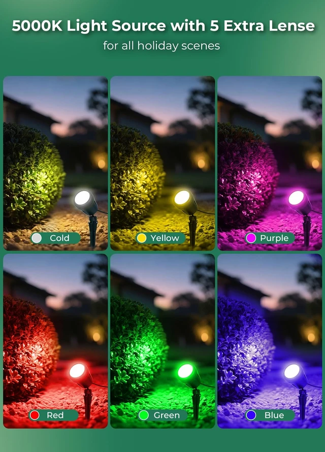 Alt view image 3 of 7 - Gmalos Halloween Spotlights Outdoor, 120V Plug-in Christmas Spot Light, 5000K LED Landscape Lighting with 5 Color Lenses (Red Green Blue Purple Yellow), IP67 Waterproof, 4 Pack