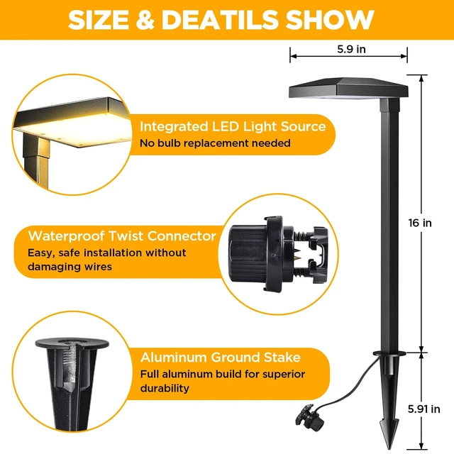 Alt view image 4 of 7 - LUTEC 6 Pack Low Voltage Pathway Lights, Aluminum 12V Landscape Lighting with ConnectorsIP65 Waterproof Anti-Glare Wired LED Pathway Lights, 5W 500LM Warm White 3000K for Pathway, Yard, Garden