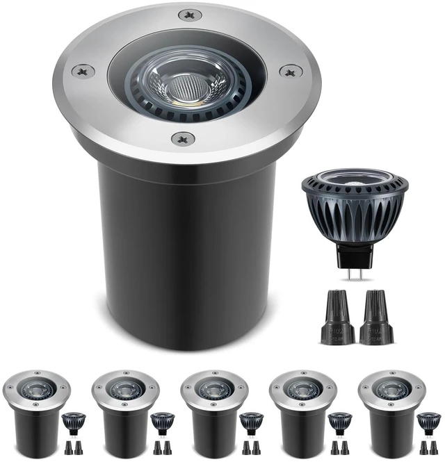 Main image of Gardencoin Low Voltage Landscape LED Well Lights, 12V in Ground Lights Outdoor IP67 Waterproof, 5" Tall Wired Landscape Up Lighting, Included Replaceable 5W 2700K MR16 Bulb Dimmable, 6 Pack
