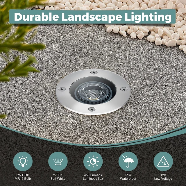 Alt view image 2 of 7 - Gardencoin Low Voltage Landscape LED Well Lights, 12V in Ground Lights Outdoor IP67 Waterproof, 5" Tall Wired Landscape Up Lighting, Included Replaceable 5W 2700K MR16 Bulb Dimmable, 6 Pack