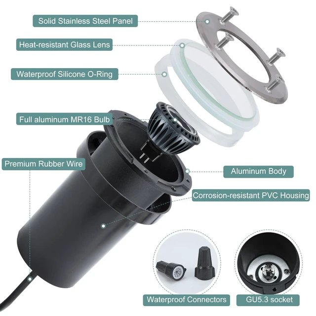 Alt view image 3 of 7 - Gardencoin Low Voltage Landscape LED Well Lights, 12V in Ground Lights Outdoor IP67 Waterproof, 5" Tall Wired Landscape Up Lighting, Included Replaceable 5W 2700K MR16 Bulb Dimmable, 6 Pack