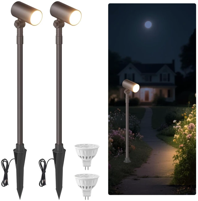 Main image of Cheopha 12V Landscape Path Light Aluminum Adjustable Spotlights 5W 2-Pack | IP65 Waterproof, Low Voltage Landscape lighting, with MR16 Led Bulb Warm White, for Lawn Walkway Garden Yard