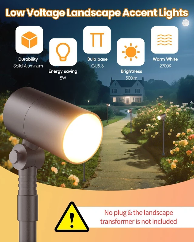 Alt view image 2 of 7 - Cheopha 12V Landscape Path Light Aluminum Adjustable Spotlights 5W 2-Pack | IP65 Waterproof, Low Voltage Landscape lighting, with MR16 Led Bulb Warm White, for Lawn Walkway Garden Yard