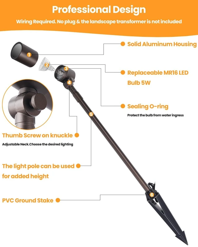 Alt view image 3 of 7 - Cheopha 12V Landscape Path Light Aluminum Adjustable Spotlights 5W 2-Pack | IP65 Waterproof, Low Voltage Landscape lighting, with MR16 Led Bulb Warm White, for Lawn Walkway Garden Yard