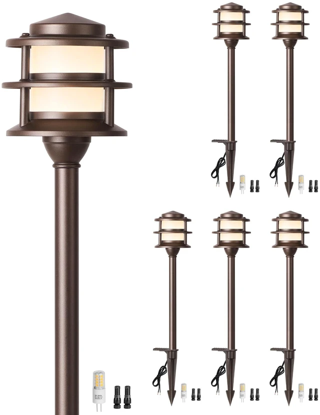 Main image of 3-Tier Pagoda Low Voltage Pathway Lights with Bulbs 6-Pack, ORB Aluminum | G4 3W 3000K Replaceable Bulbs, ETL Listed Wire, IP65 12V AC/DC, Frosted Glass Shade, for Yard, Garden, Walkway, Driveway