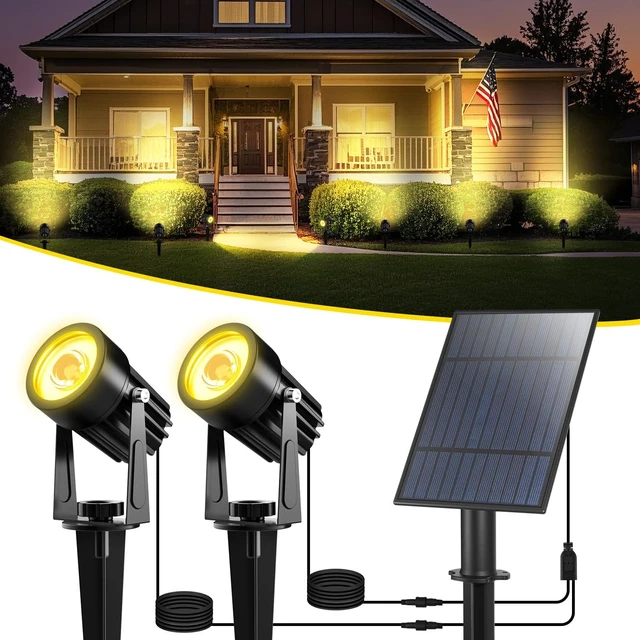 Main image of T-SUN Solar Spot Lights Outdoor, Dual Head Solar Spotlights, Warm White | IP65 Waterproof, 2 Brightness Modes, Dusk to Dawn Solar Uplights for Garden, Yard, Pathway, Patio, Lawn