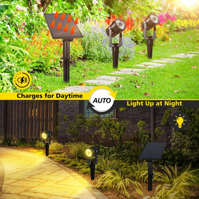 Alt view image 4 of 7 - T-SUN Solar Spot Lights Outdoor, Dual Head Solar Spotlights, Warm White | IP65 Waterproof, 2 Brightness Modes, Dusk to Dawn Solar Uplights for Garden, Yard, Pathway, Patio, Lawn
