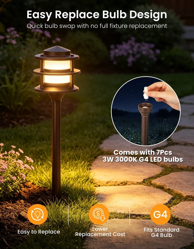 Alt view image 2 of 7 - 3-Tier Pagoda Low Voltage Pathway Lights with Bulbs 6-Pack, ORB Aluminum | G4 3W 3000K Replaceable Bulbs, ETL Listed Wire, IP65 12V AC/DC, Frosted Glass Shade, for Yard, Garden, Walkway, Driveway