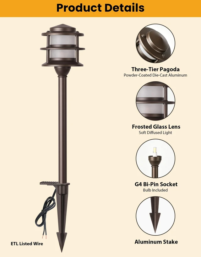 Alt view image 3 of 7 - 3-Tier Pagoda Low Voltage Pathway Lights with Bulbs 6-Pack, ORB Aluminum | G4 3W 3000K Replaceable Bulbs, ETL Listed Wire, IP65 12V AC/DC, Frosted Glass Shade, for Yard, Garden, Walkway, Driveway