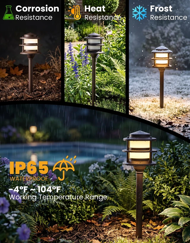 Alt view image 4 of 7 - 3-Tier Pagoda Low Voltage Pathway Lights with Bulbs 6-Pack, ORB Aluminum | G4 3W 3000K Replaceable Bulbs, ETL Listed Wire, IP65 12V AC/DC, Frosted Glass Shade, for Yard, Garden, Walkway, Driveway
