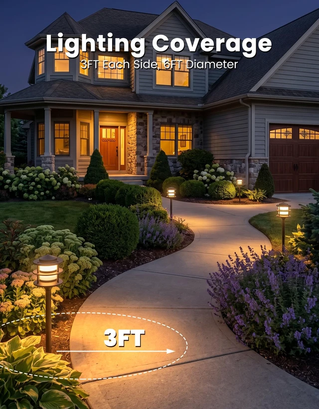 Alt view image 6 of 7 - 3-Tier Pagoda Low Voltage Pathway Lights with Bulbs 6-Pack, ORB Aluminum | G4 3W 3000K Replaceable Bulbs, ETL Listed Wire, IP65 12V AC/DC, Frosted Glass Shade, for Yard, Garden, Walkway, Driveway