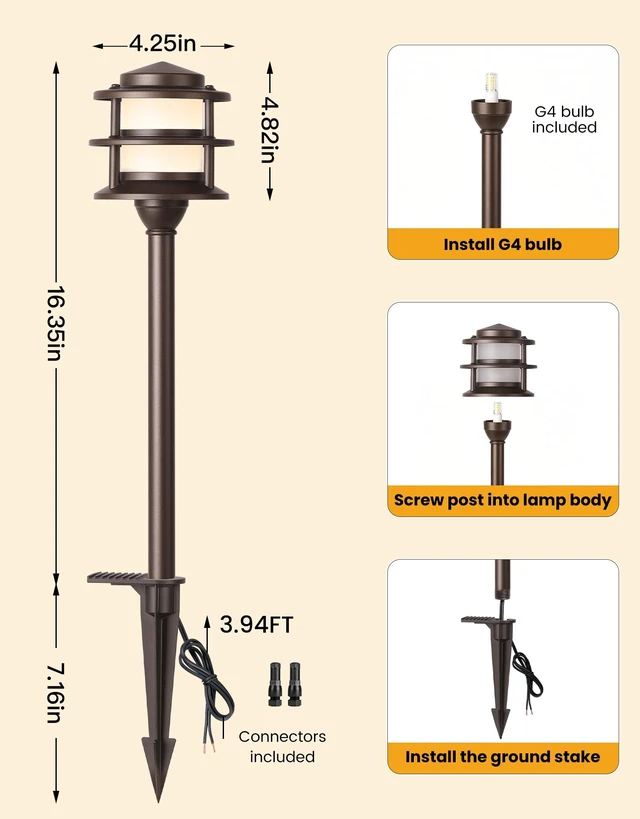 Alt view image 7 of 7 - 3-Tier Pagoda Low Voltage Pathway Lights with Bulbs 6-Pack, ORB Aluminum | G4 3W 3000K Replaceable Bulbs, ETL Listed Wire, IP65 12V AC/DC, Frosted Glass Shade, for Yard, Garden, Walkway, Driveway