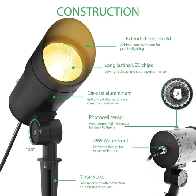 Alt view image 7 of 7 - LOTMOS 30W LED Spot Lights Outdoor with Photocell Sensor Plug in Spotlights | 1 Pack, Dusk to Dawn, 9.68 FT Cord, Warm White, Ultra Bright, Landscape Light for Flagpole Palm Tree Yard Lawn Statue