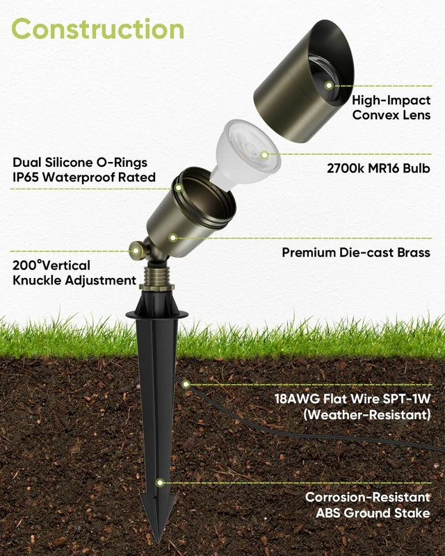Alt view image 6 of 7 - lundwa Solid Brass Low Voltage Landscape Spotlight, Antique Bronze, 1-Pack | 12V Outdoor Spot Light, Heavy Duty Directional Spot Up Light, Waterproof, Outdoor LED Accent Light, MR16 Bulb (2700K)