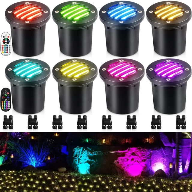 Main image of SUNVIE 8-Pack RGB Well Lights Low Voltage Landscape Lighting, Grated Top | 12-24V AC/DC, Waterproof, Color Changing, Die-Cast Aluminum, LED In-Ground Lights for Holiday, Connectors Included