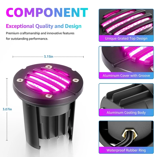 Alt view image 6 of 7 - SUNVIE 8-Pack RGB Well Lights Low Voltage Landscape Lighting, Grated Top | 12-24V AC/DC, Waterproof, Color Changing, Die-Cast Aluminum, LED In-Ground Lights for Holiday, Connectors Included