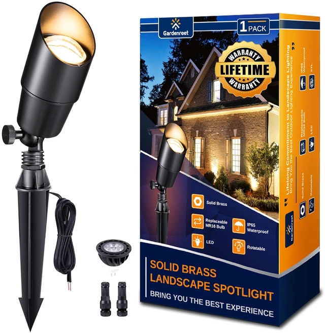 Main image of Gardenreet Brass Outdoor Spotlight, 12V LED, 2700K, Black, 1-Pack | Transformer required, not included; not plug-in. Wired IP65 accent light for walls; replaceable 5W MR16 bulb included.