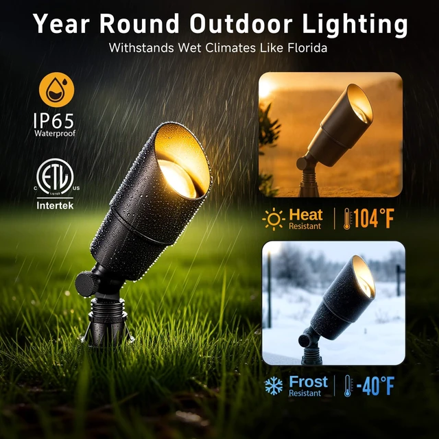 Alt view image 4 of 7 - Gardenreet Brass Outdoor Spotlight, 12V LED, 2700K, Black, 1-Pack | Transformer required, not included; not plug-in. Wired IP65 accent light for walls; replaceable 5W MR16 bulb included.